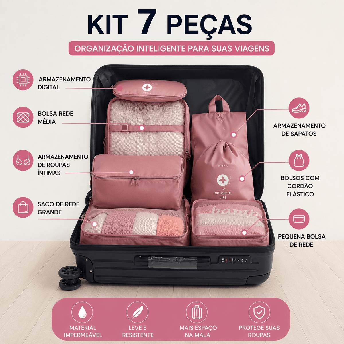 PackPro™ – Kit 7 Bolsas Organizadoras de Mala | Impermeável · Leve 3× Mais