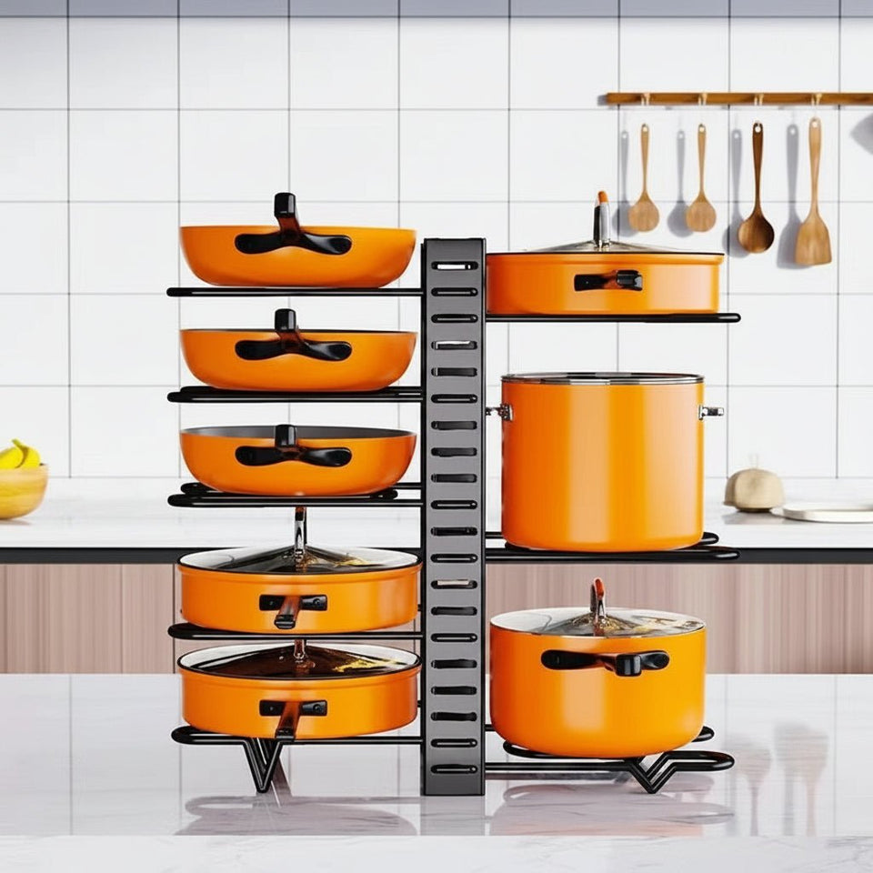 Organizador de Panelas e Tampas com 8 Níveis Ajustáveis — Mais Espaço e Organização na Sua Cozinha